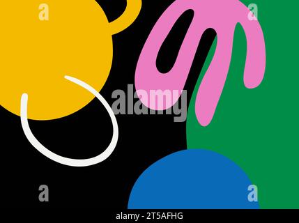 Abstrakter Hintergrund zeitgenössischer Kunst mit bunten handgezeichneten Formen. Trendiger, schlichter, grooviger Hintergrund im Retro-Stil der 70er-80er Jahre. Vektorcollage mit Stock Vektor