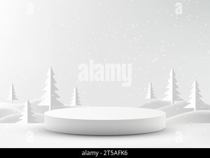 Präsentieren Sie Ihre Produkte stilvoll mit diesem minimalen Mockup zu Weihnachtsartikeln. Mit weißem Podium und schneebedecktem Hintergrund. Vektor krank Stock Vektor