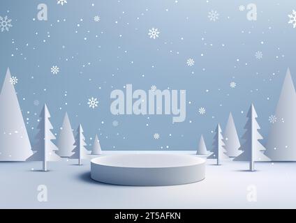 Präsentieren Sie Ihre Produkte stilvoll mit diesem minimalen Mockup zu Weihnachtsartikeln. Mit weißem Podium und schneebedecktem Hintergrund. Vektor krank Stock Vektor