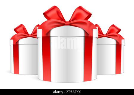 Ein Haufen weißer, runder Geschenkboxen, die mit roten Bändern gebunden sind. Zylindrische Vektor-Geschenkschachteln, isoliert auf weißem Hintergrund. Stock Vektor