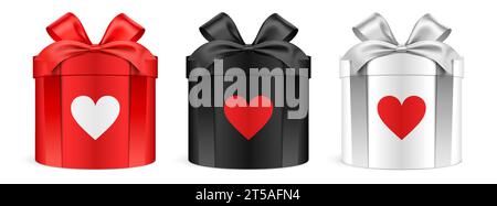Runde, farbenfrohe Geschenkboxen mit Herzsymbolen, umwickelt mit Satinbändern. Rot, schwarz und weiß Farbe realistische zylindrische Geschenkbox Set Vektor Illustration isoliert auf weißem Hintergrund. Stock Vektor