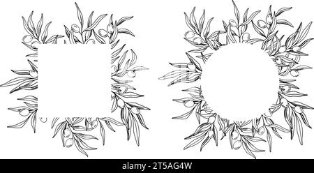 Skizzenrahmen aus Olivenzweig mit Beeren und Blättern. Handgezeichnete Vektorlinie Illustration. Schwarz-weiße Zeichnung des Symbols Italiens oder Griechenlands Stock Vektor