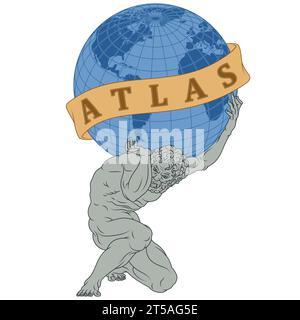 Vektordesign von Titan Atlas, der den Planeten Erde hält, griechische Mythologie titan, der die Erdkugel hält, umgeben von Band Stock Vektor