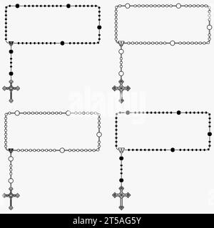 Vektordesign des Rahmens für Fotografie mit katholischem Rosenkranz, Rosenkranz mit christlichem Kreuz mit quadratischer Form, Symbol der katholischen Religion Stock Vektor