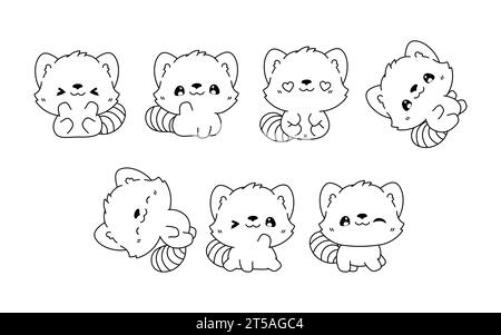 Sammlung von Vector Cartoon Baby Red Panda Malseite. Set von Kawaii isolierte Tierumrisse für Aufkleber, Babydusche, Malbuch, Drucke für Stock Vektor