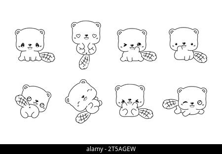 Sammlung von Vektor-Cartoon-Biber-Malseite. Set von Kawaii isolierten Tierkonturen für Aufkleber, Babydusche, Malbuch, Drucke für Kleidung Stock Vektor