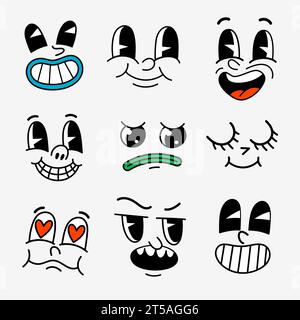 Retro-Zeichentrickfiguren lustige Gesichter. Groovige Vintage 30er 60er 70er Jahre Smiley Maskottchen mit verschiedenen Emotionen Stock Vektor