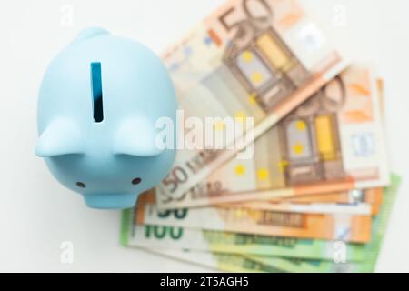 Schweinebank, Euro-Banknoten und US-Dollar auf isoliertem weißem Hintergrund Stockfoto