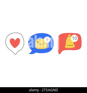 Handgezeichnete Sprechblasen mit Herz, Umschlag, Glocke. Benachrichtigung, wie Symbole. Helles dekoratives Element. Abbildung des abgewickelten Farbvektors isoliert o Stock Vektor