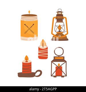 Handgezeichnete Clipart-Kollektion im Herbst. Herbstmobil-Elemente - Kerzen, Retro-Laterne. Gemütliche Symbole. Vektorkonstruktionen auf Lager. Stock Vektor