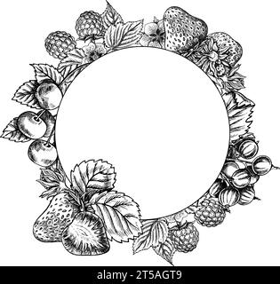 Runder Rahmen von Beeren und Früchten, Erdbeeren, Himbeeren, Johannisbeeren und Kirschen, handgezeichnete schwarz-weiße grafische Vektor-Illustration. Isoliert Stock Vektor