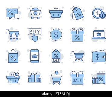 Zeilensymbole für Shopping Wallet. Schilder für Geschenk-, Geschenk- und Verkaufsangebote. Symbole für Warenkorb, Liefergeschenk und Etiketten. Sprechblase, Rabatt. Vektor Stock Vektor