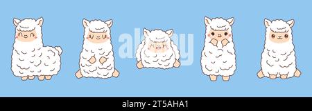 Set von Kawaii isolierten Lama. Sammlung von Vector Cartoon Baby Lama Illustrationen für Aufkleber, Baby Dusche, Malseiten, Drucke für Kleidung Stock Vektor