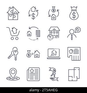 Immobilien. Gruppe von Konturvektorsymbolen. Umfasst z. B. Gebäude, Gebäude, Appartement und andere. Bearbeitbare Kontur. Symbole für App, Sites und Stock Vektor