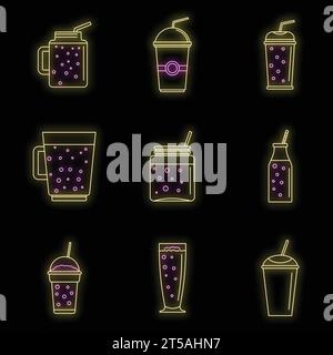 Smoothie Milchshake Fruchtsaft-Icons Set. Umrissdarstellung von 9 Smoothie Milchshake Fruchtsaftvektorsymbolen Neonfarbe auf Schwarz Stock Vektor