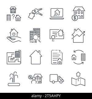 Set Für Home, Mieten, Mortage-Symbole. Immobilien, Gebäude, Haus, Bau, Vertragssymbol und Schild Konzept Vektorsatz für Infografiken, Website. Symbol Stock Vektor