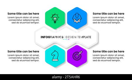 Infografik-Vorlage mit Symbolen und 4 Optionen oder Schritten. Sechskant. Kann für Workflow-Layout, Diagramm, webdesign verwendet werden. Vektordarstellung Stock Vektor