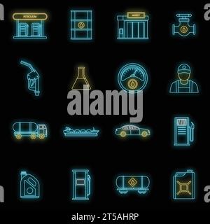 Symbole für Tankstellen-Tankstellen gesetzt. Umrissdarstellung von 16 Tankstellen-Tankstellen-Vektorsymbolen Neonfarbe auf Schwarz Stock Vektor