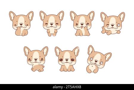 Sammlung von Vector Cartoon Französisch Bulldog Hund Art. Set von Kawaii isolierten Tierillustrationen für Drucke für Kleidung, Aufkleber, Babydusche Stock Vektor