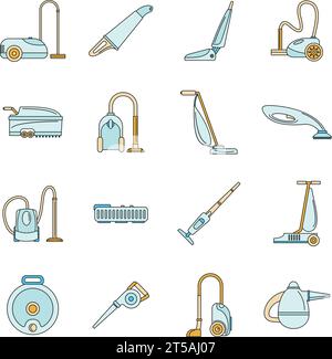 Symbole für das Waschgerät des Staubsaugers gesetzt. Umrissdarstellung von 16 Vektorsymbolen für Staubsauger-Waschgeräte, dünne Linie, flach auf weiß Stock Vektor
