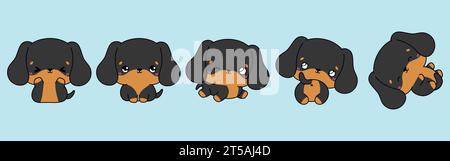 Set von Kawaii isoliertem Dachshund Hund. Sammlung von Vektor-Cartoon-Puppy-Illustrationen für Aufkleber, Babydusche, Malseiten, Drucke für Kleidung Stock Vektor