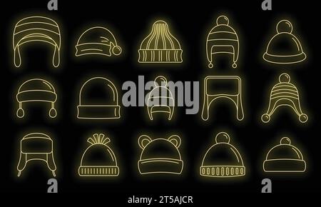 Winterliche Kopfbedeckungen – Icon-Set. Outline Set von Winter Kopfbedeckung Outfit Vektor Symbole Neon Farbe auf Schwarz Stock Vektor