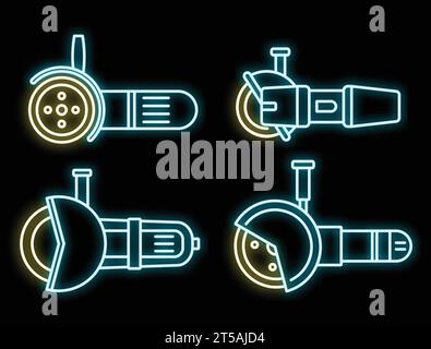 Symbolsatz elektrischer Winkelschleifer. Kontursatz von Vektorsymbolen des elektrischen Winkelschleifers Neonfarbe auf Schwarz Stock Vektor