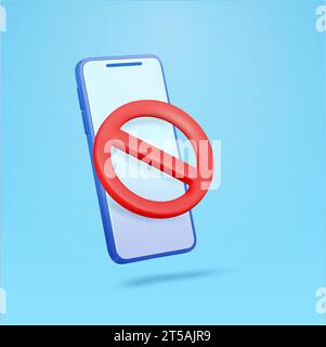 Abbildung: Verbotene, gesperrte Smartphones, unzulässige mobile Anwendungen. 3D gerendertes Symbol für verbotene Elemente, mit minimalem Smartphone, isoliert im Hintergrund. Symbol- und Vektorabbildung. Vektorabbildung Stock Vektor