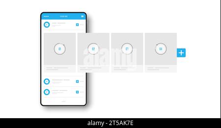 Smartphone mit Schnittstelle Karussellpfosten. Vorlage für Werbeanzeigen in sozialen Netzwerken. Online-Beiträge. Kommentar-Chat-Blase. Werbebanner für Karussells. Soziale Medien. Stock Vektor