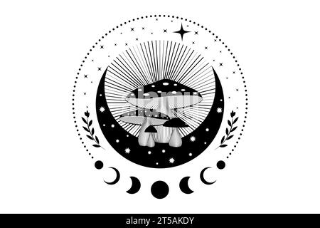 Schamanische Zauberpilze, mystische Amanita muscaria mit Mondphasen und Sternen. Hexerei-Mondsichel-Symbol, Hexenpilz-Logo-Tattoo Stock Vektor