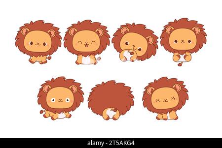 Sammlung von Vector Cartoon Lion Art. Satz von Kawaii isolierten Tierillustrationen für Drucke für Kleidung, Aufkleber, Babydusche, Malseiten Stock Vektor