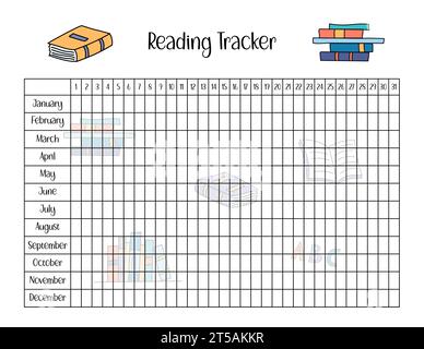 Lesen der Tracker-Vorlage für Kinder. Arbeitsblatt für Bücher, die nach Tag und Monat gelesen werden. Leere Vektor-Seite mit niedlichem Doodle-Design Stock Vektor