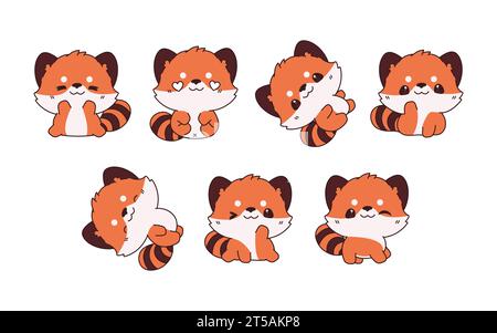 Sammlung von Vector Cartoon Baby Red Panda Art. Set von Kawaii isolierten Tierillustrationen für Drucke für Kleidung, Aufkleber, Babydusche, Färbung Stock Vektor