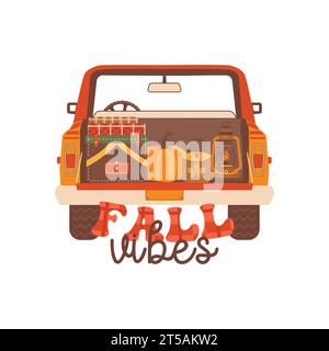 Herbstillustration – Herbststimmung Zitat mit Wohnmobil. Herbstmuster für T-Shirt- und Sublimationsdruck. Kuscheliges Herbstlogo. Rohteilvektor isoliert auf Stock Vektor