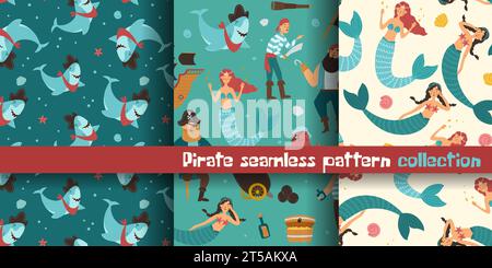 Set aus nahtlosen Mustern mit Piraten, Hai und Meerjungfrau. Sammlung von drei Vektorillustrationen. Für Stoff- und Tapetendesign Stock Vektor