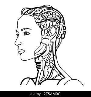 Künstliche Intelligenz Frau Linie Kunst Porträt.Frau Roboter oder android mit einem schönen Gesicht und Drähte und Mikroschaltungen in ihrem Kopf.Vektor Stock Vektor