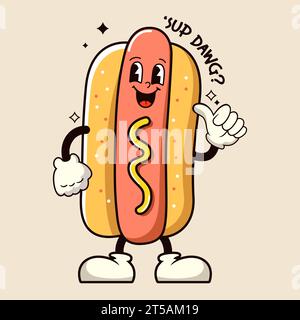 Hot Dog Cartoon grooviger Charakter. Vektorabbildung. Stock Vektor