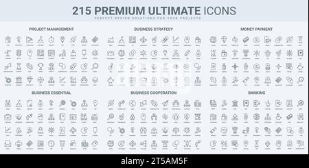 Geschäftsstrategie, Projektmanagement und -Organisation, Zusammenarbeit und Investitionen dünne schwarze Linien setzen Vektorillustration. Skizzieren Sie Banksymbole, Geldzahlung und Mitarbeiterteam, Partnerschaft Stock Vektor