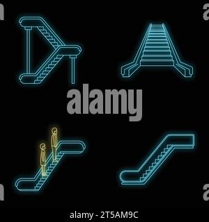 Symbole für Fahrtreppenaufzüge eingestellt. Umrissdarstellung von 4 Vektorsymbolen für Fahrtreppenaufzüge Neonfarbe auf Schwarz Stock Vektor