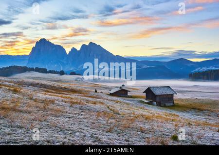 Schönen Morgen Licht über dem Langkofel Berggipfel, Seiser Alm, Italien, Europa Stockfoto