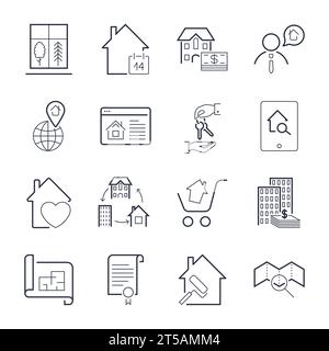 Icons für dünne Linien in Immobilien. Wohn- und Geschäftshäuser. Lineare Stilsymbole isoliert auf weiß. Symbolgruppe mit bearbeitbarer Kontur Stock Vektor