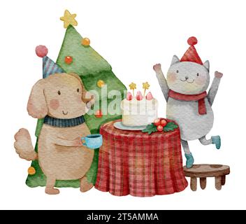 Hund und Katze mit Erdbeerkuchen und Kiefer auf der weihnachtsfeier. Aquarellfarbe Zeichentrickfiguren. Weißer Isolathintergrund. Weihnachtsszene Set 1 Stockfoto