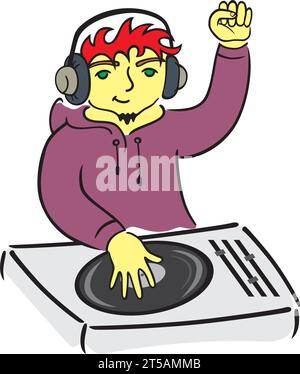 Illustration eines DJ, der Musik isoliert auf weiß spielt Stock Vektor