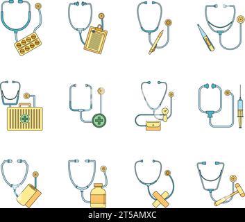 Phonendoskop-Stethoskop-Symbole gesetzt. Umrissdarstellung von 12 Phonendoskop-Stethoskop-Vektorsymbolen dünne Linie, flach auf weiß Stock Vektor