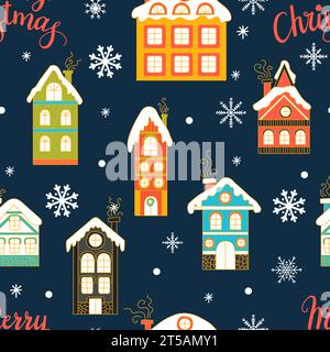 Nahtloses Muster mit schneebedeckten Häusern, Schneeflocke und Schriftzug „Merry Christmas“ im flachen Stil. Vektorabbildung. Winterhintergrund. Für Grußkarten, Stock Vektor