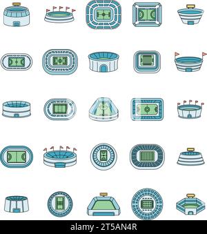 Arena Stadion Sportszene Icons Set. Umrissdarstellung von 25 Arena Stadion Sportszene Vektor-Symbole dünne Linie Farbe flach auf weiß Stock Vektor