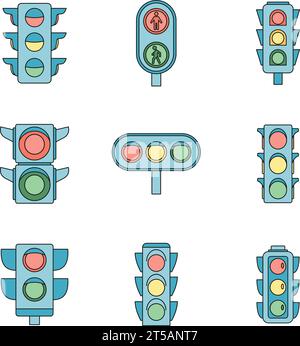 Ampelsymbolgruppe. Kontur Satz von Vektorsymbolen für Straßenverkehrsampeln dünne Linie flach auf weiß Stock Vektor