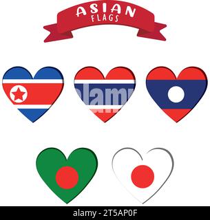 Set von Herzformen mit verschiedenen asiatischen Fahnen Vektor Stock Vektor