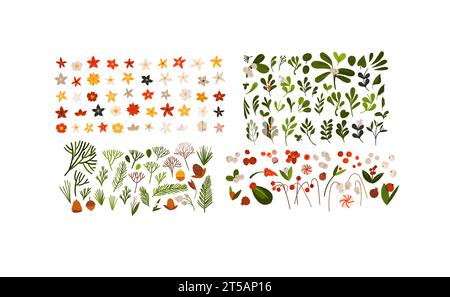 Hand gezeichnete Vektor abstrakte Cartoon Frohe Weihnachten und glückliches neues Jahr Clipart Illustrationen Elemente mit Blume, Blättern und Kiefer Zweig gesetzt. Merry Stock Vektor