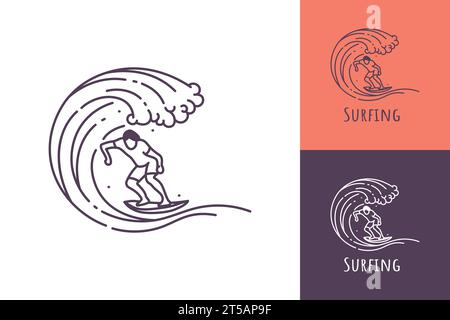 Surfendes Line Art-Logo eines Mannes, der in einer rollenden Ozean-Wellen-Vektor-Illustration surft Stock Vektor